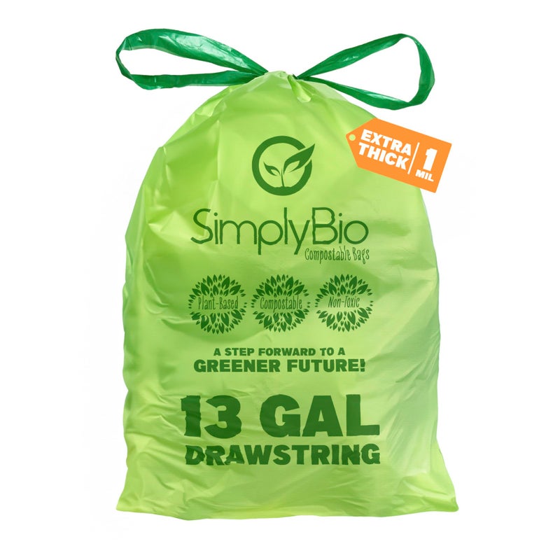 Simply Bio 13 Gallon Compostable Trash Bags Liners Drawstring, Heavy Duty Extra Thick 1 Mil, 49.21 Liter, 30 Bags, Tall Kitchen Food Scrap Waste Bag, ASTM D6400, US BPI and OK Compost Home Certified - Image 1
